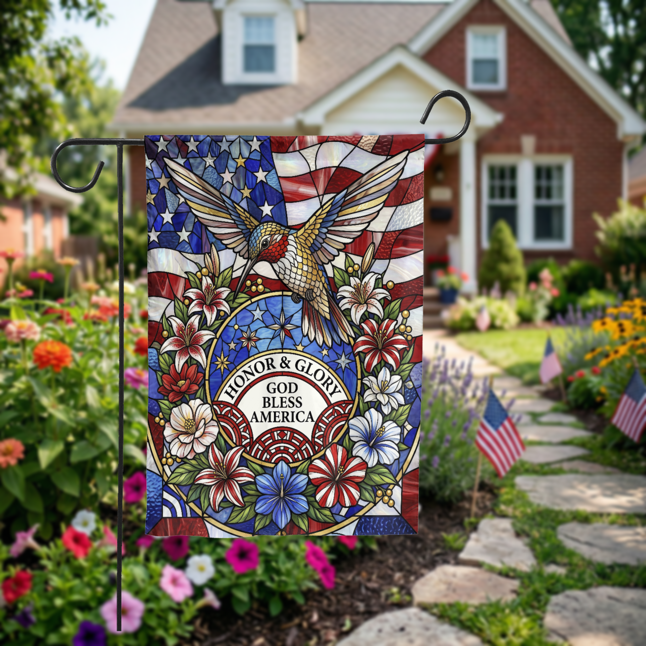 Stained Glass Patriotic Garden Flag, Hummingbird God Bless America House Flag, 4th of July Outdoor Decor, Memorial Day Gift, Digital Option - Garden Flag - lifestyle shot