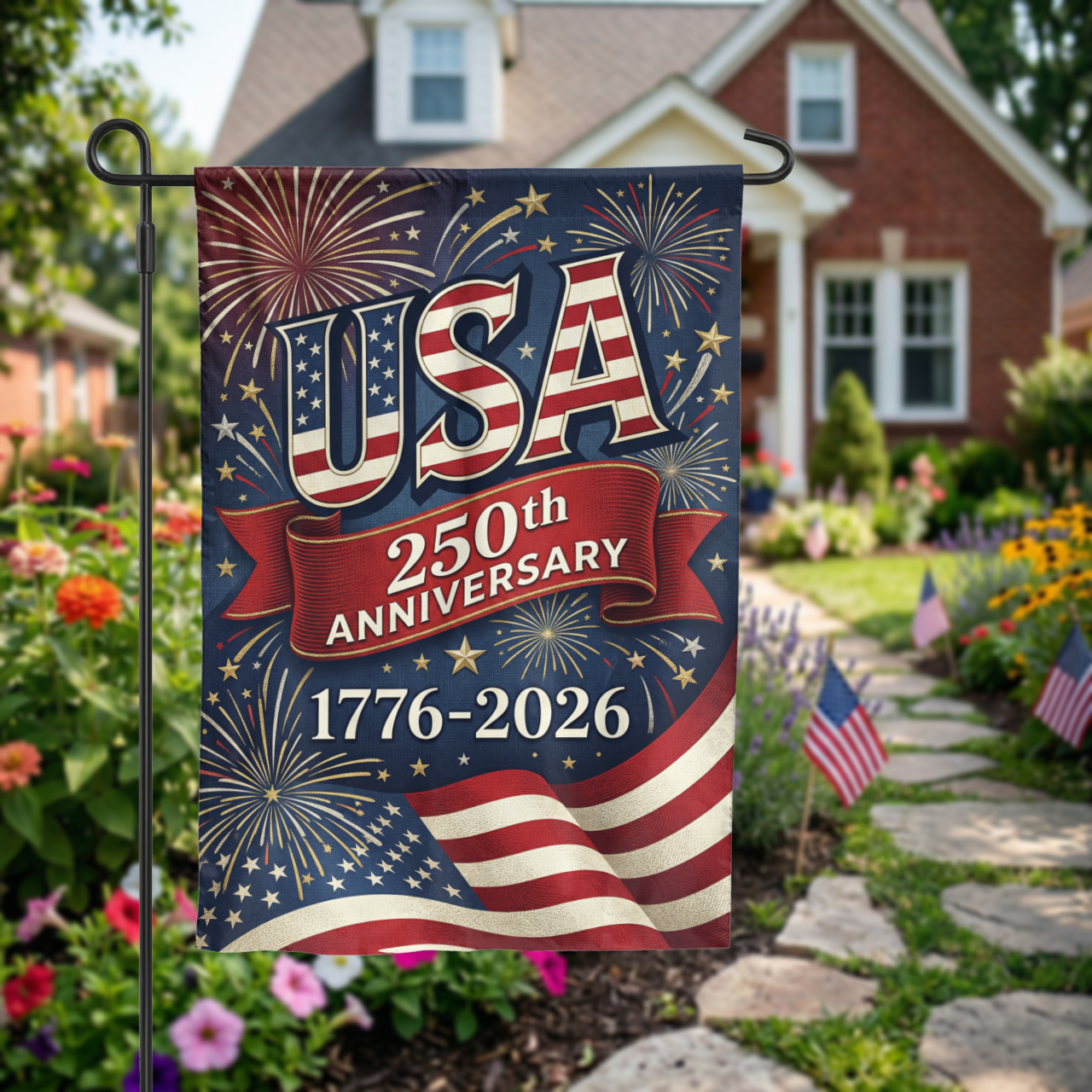 USA 250th Anniversary Garden Flag, 1776-2026 Patriotic Outdoor Decor, American Semiquincentennial Yard Banner, Fireworks & Flag Design - Garden Flag - packaging