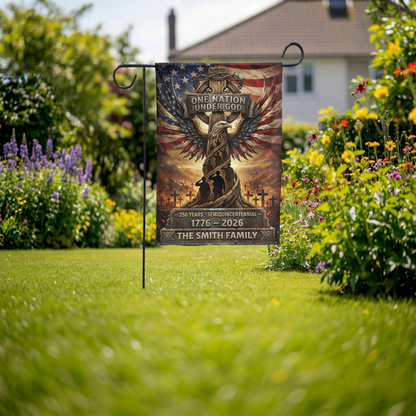 Personalized Patriotic Garden Flag, One Nation Under God, USA 250th Anniversary 1776-2026, Semiquincentennial Yard Decor - Garden Flag - lifestyle shot
