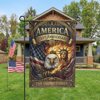 Personalized America 250th Anniversary Garden Flag, Vintage Patriotic Yard Decor, Eagle & Statue of Liberty, Physical or - Garden Flag - close-up