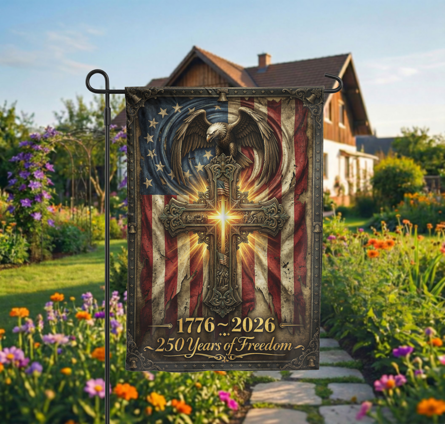 250 Years of Freedom Garden Flag, 1776-2026 Patriotic Cross & Eagle, Rustic American Flag Decor, Physical or - Garden Flag - packaging
