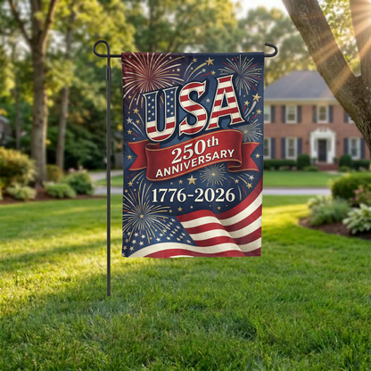 USA 250th Anniversary Garden Flag, 1776-2026 Patriotic Outdoor Decor, American Semiquincentennial Yard Banner, Fireworks & Flag Design - Garden Flag - detail view