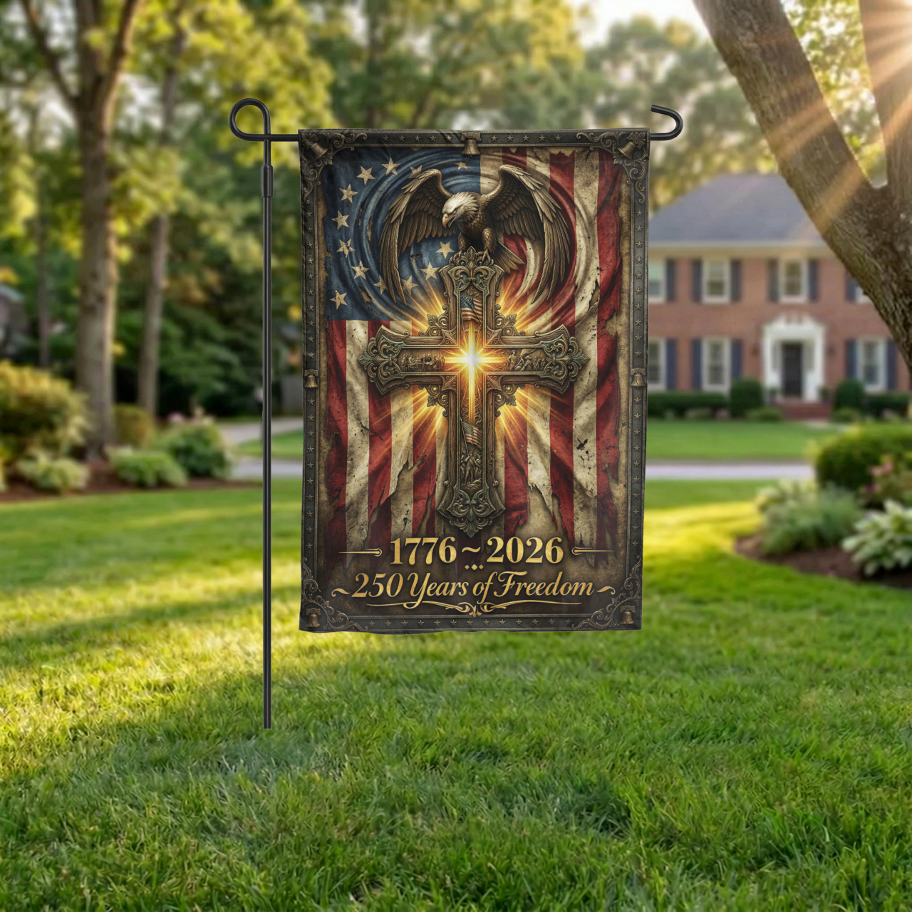 250 Years of Freedom Garden Flag, 1776-2026 Patriotic Cross & Eagle, Rustic American Flag Decor, Physical or - Garden Flag - detail view