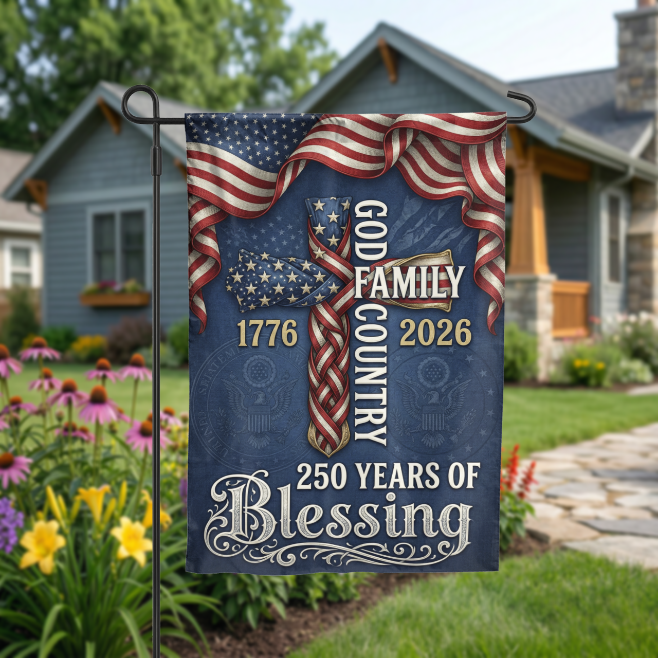 God Family Country Garden Flag, 1776-2026 USA 250th Anniversary, Patriotic Cross Yard Decor, Semiquincentennial Gift - Garden Flag - detail view
