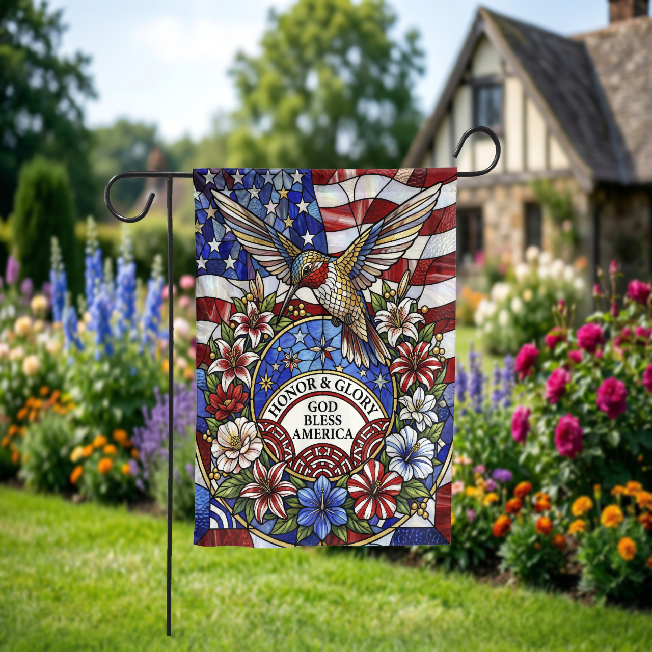 Stained Glass Patriotic Garden Flag, Hummingbird God Bless America House Flag, 4th of July Outdoor Decor, Memorial Day Gift, Digital Option - Garden Flag - front view