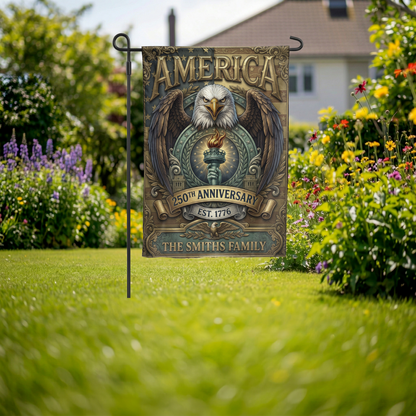 Patriotic Garden Flag Personalized, America 250th Anniversary 1776, Vintage Eagle Torch Design, Custom Family Name Yard Decor, USA Gift - Garden Flag - lifestyle shot