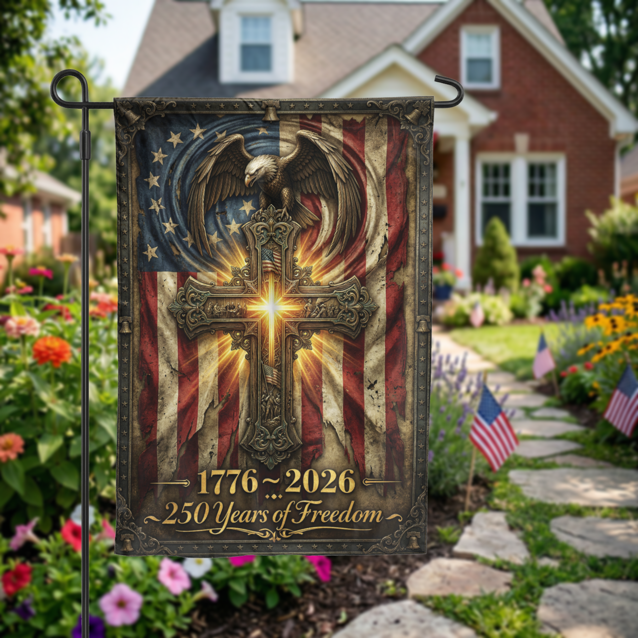 250 Years of Freedom Garden Flag, 1776-2026 Patriotic Cross & Eagle, Rustic American Flag Decor, Physical or - Garden Flag - packaging
