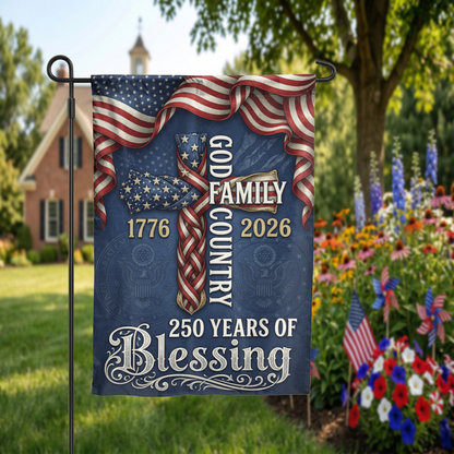 God Family Country Garden Flag, 1776-2026 USA 250th Anniversary, Patriotic Cross Yard Decor, Semiquincentennial Gift - Garden Flag - packaging