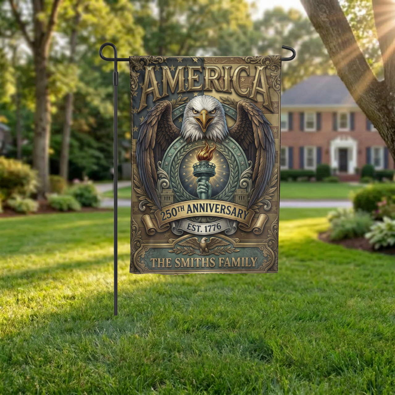 Patriotic Garden Flag Personalized, America 250th Anniversary 1776, Vintage Eagle Torch Design, Custom Family Name Yard Decor, USA Gift - Garden Flag - lifestyle shot