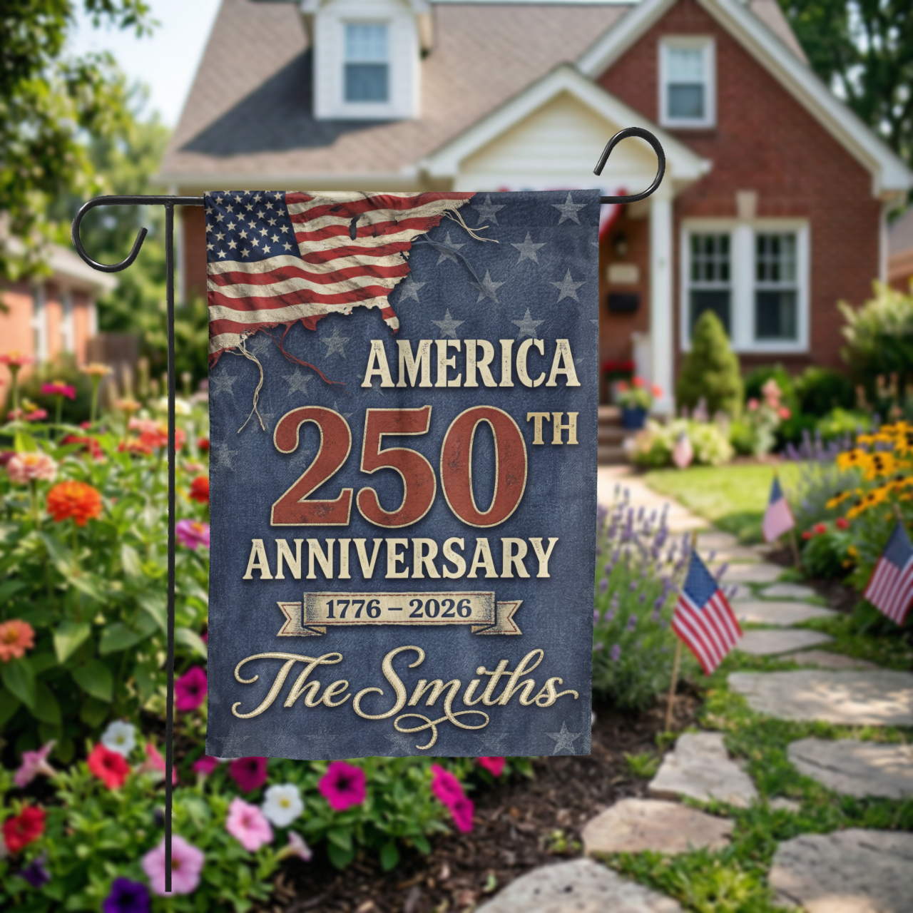 Personalized America 250th Anniversary Garden Flag, 1776-2026 Patriotic Decor, Vintage USA Semiquincentennial Yard Sign, Custom Family Name - Garden Flag - front view