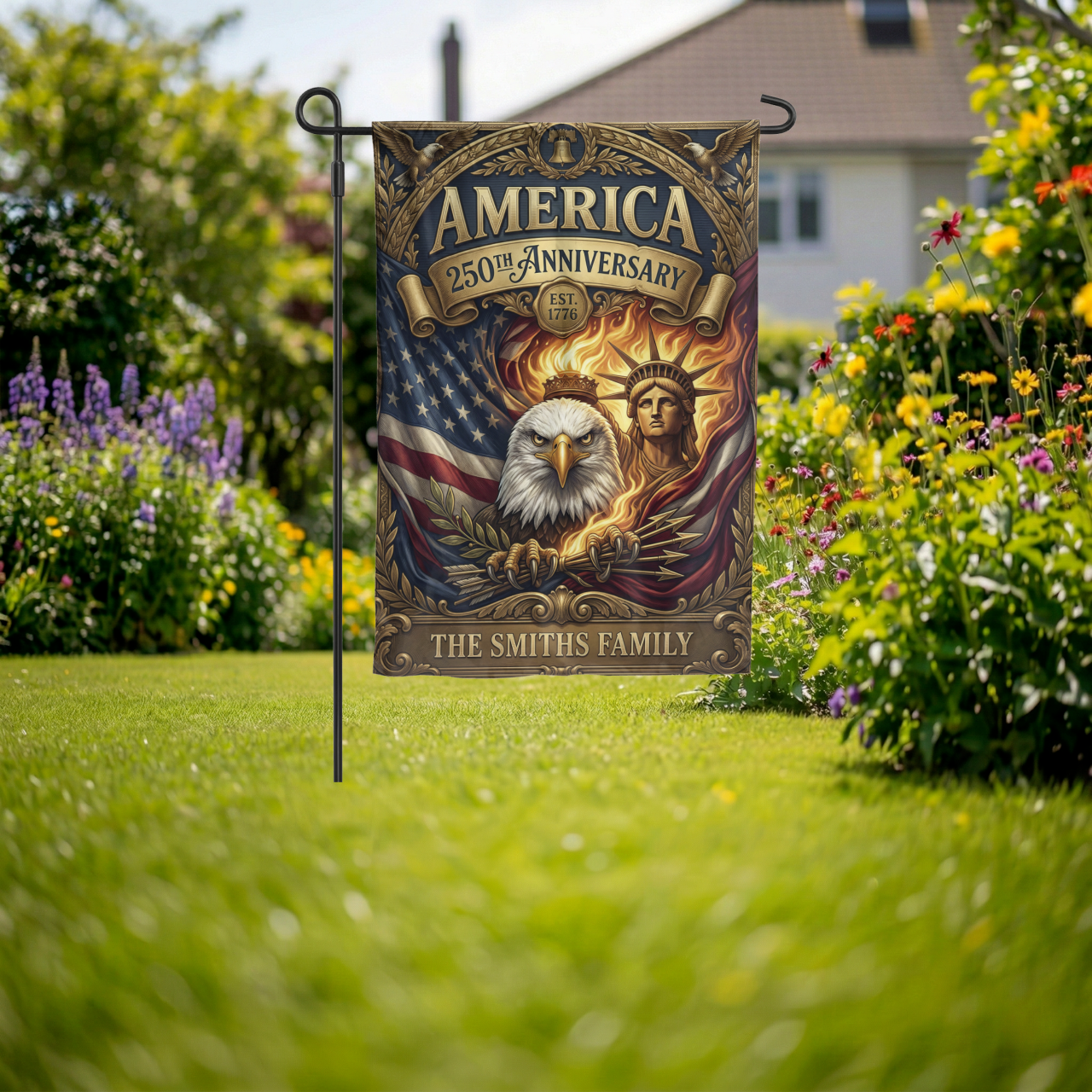 Personalized America 250th Anniversary Garden Flag, Vintage Patriotic Yard Decor, Eagle & Statue of Liberty, Physical or - Garden Flag - lifestyle shot