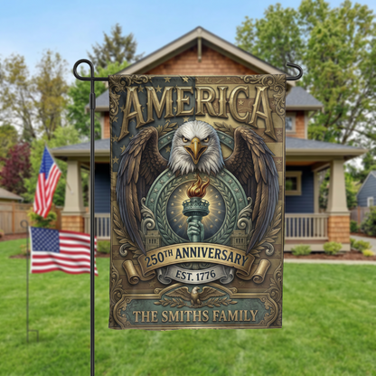 Patriotic Garden Flag Personalized, America 250th Anniversary 1776, Vintage Eagle Torch Design, Custom Family Name Yard Decor, USA Gift - Garden Flag - close-up