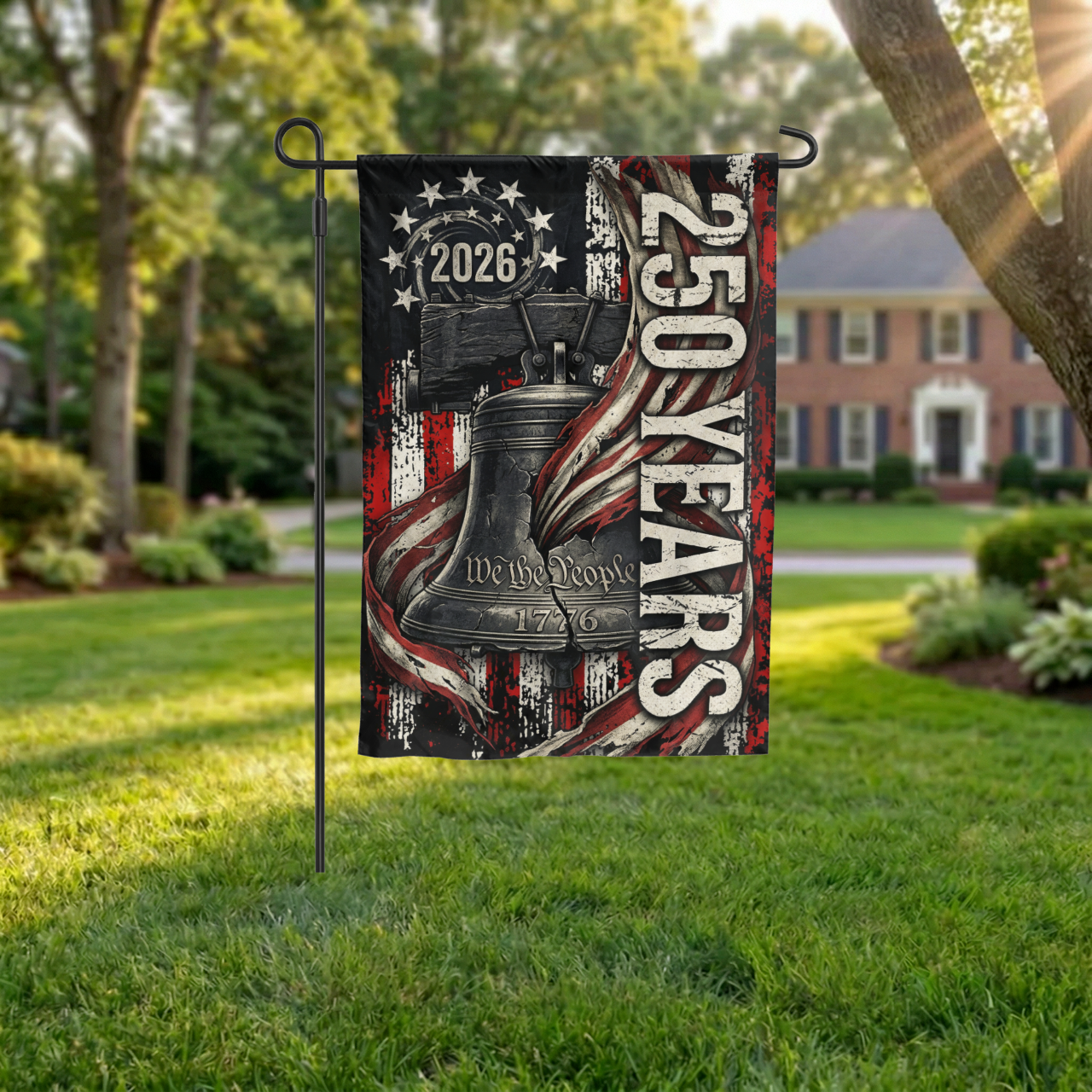 USA 250th Anniversary Garden Flag, 2026 Patriotic Yard Decor, Rustic Liberty Bell 1776 Design, America 250 Outdoor Sign, Digital or Print - Garden Flag - lifestyle shot