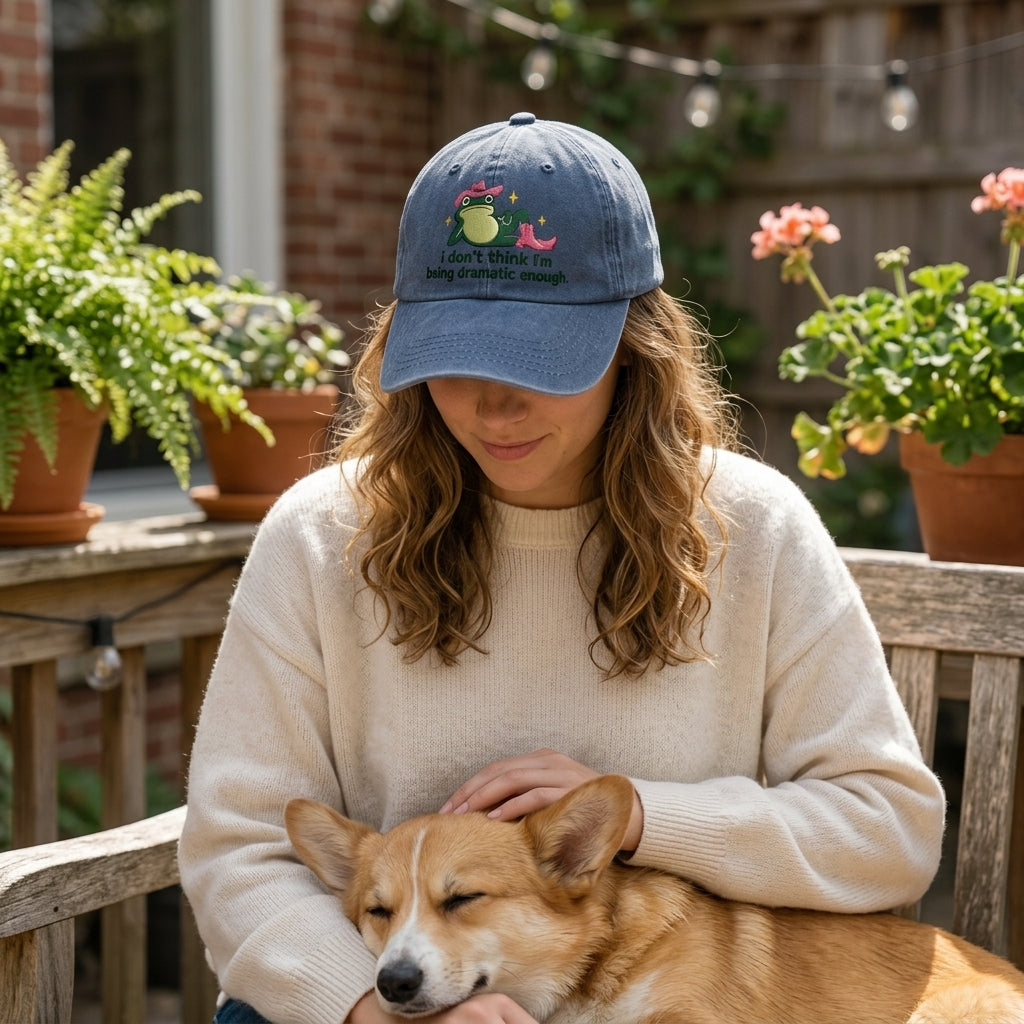 Woman sitting on a wooden bench with a dog, wearing a blue cap and beige sweater, surrounded by potted plants.