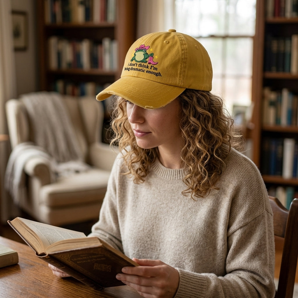 Person wearing a yellow cap and reading a book in a cozy room with bookshelves.