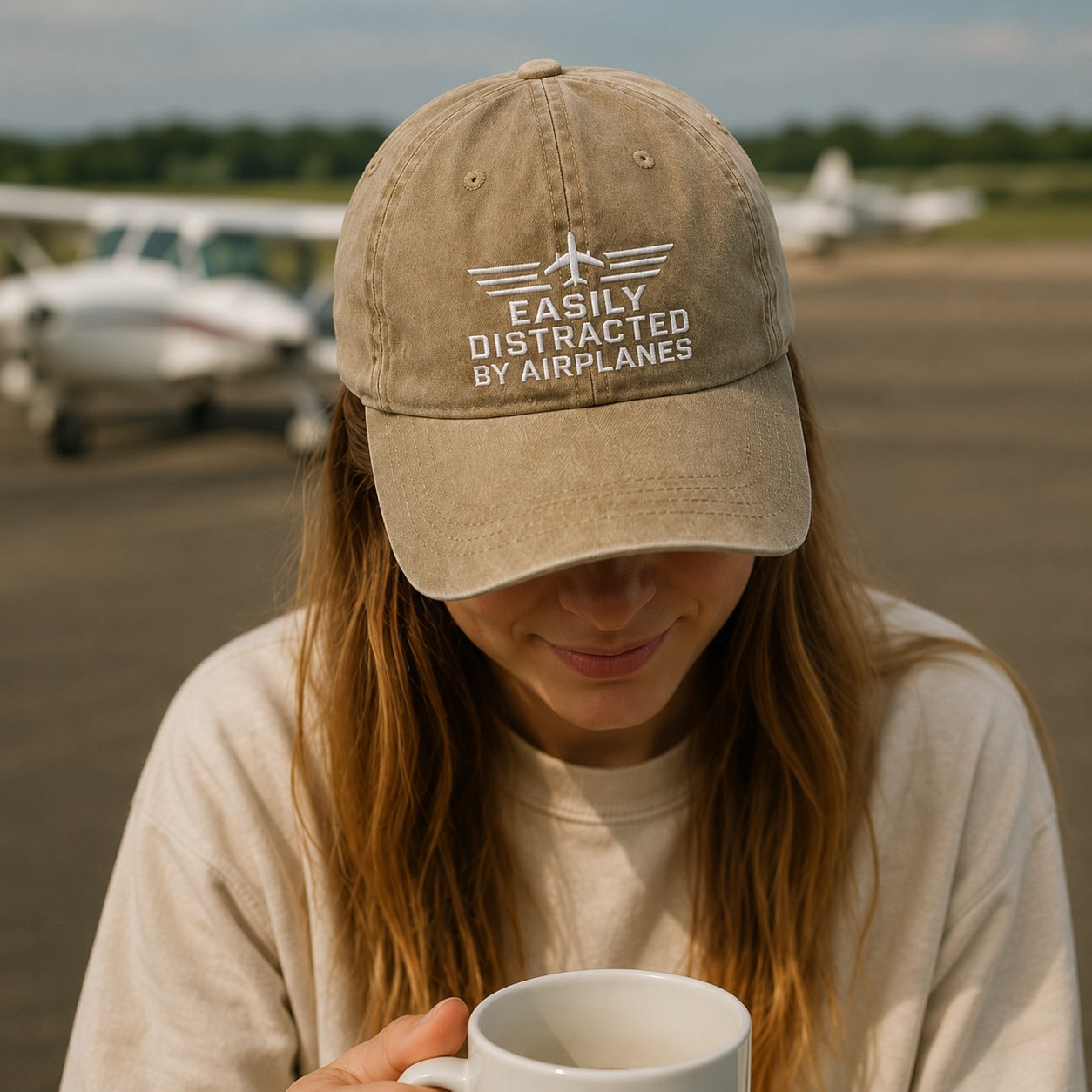 Person wearing a cap with 'Easily Distracted by Airplanes' text at an airfield.
