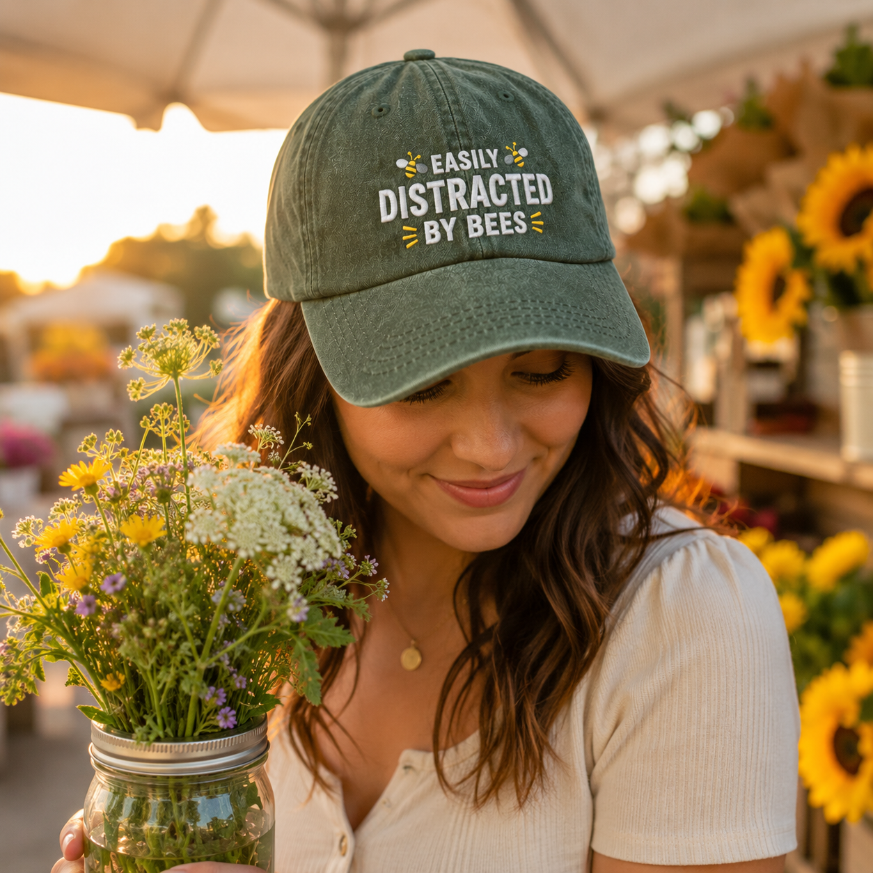 Easily Distracted By Bees Embroidered Washed Cap - Washed Cap - alternate angle