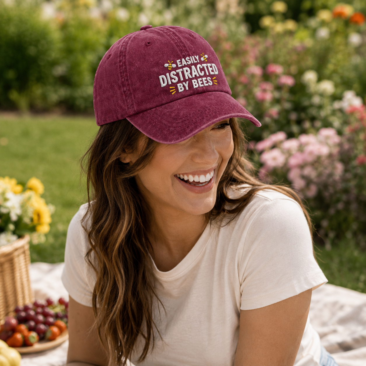 Easily Distracted By Bees Embroidered Washed Cap - Washed Cap - detail