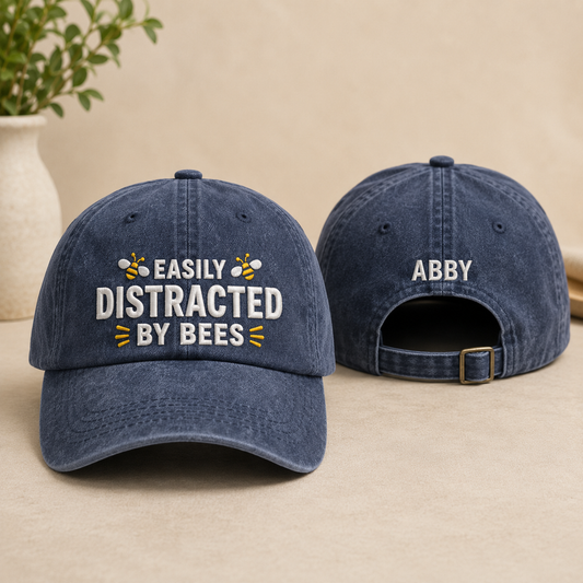 Easily Distracted By Bees Embroidered Washed Cap - Washed Cap - front view