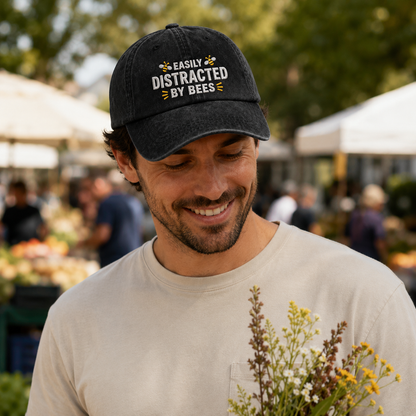 Easily Distracted By Bees Embroidered Washed Cap - Washed Cap - lifestyle