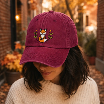 Embroidered Fox Washed Cap - washed cap - close up