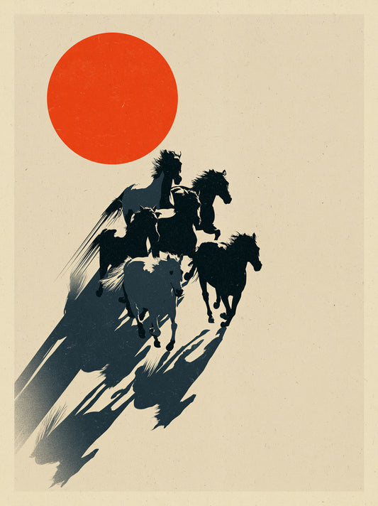 Expressive Horse Art Print - Wall Art Decor - front view - red sun horse poster, galloping horse art