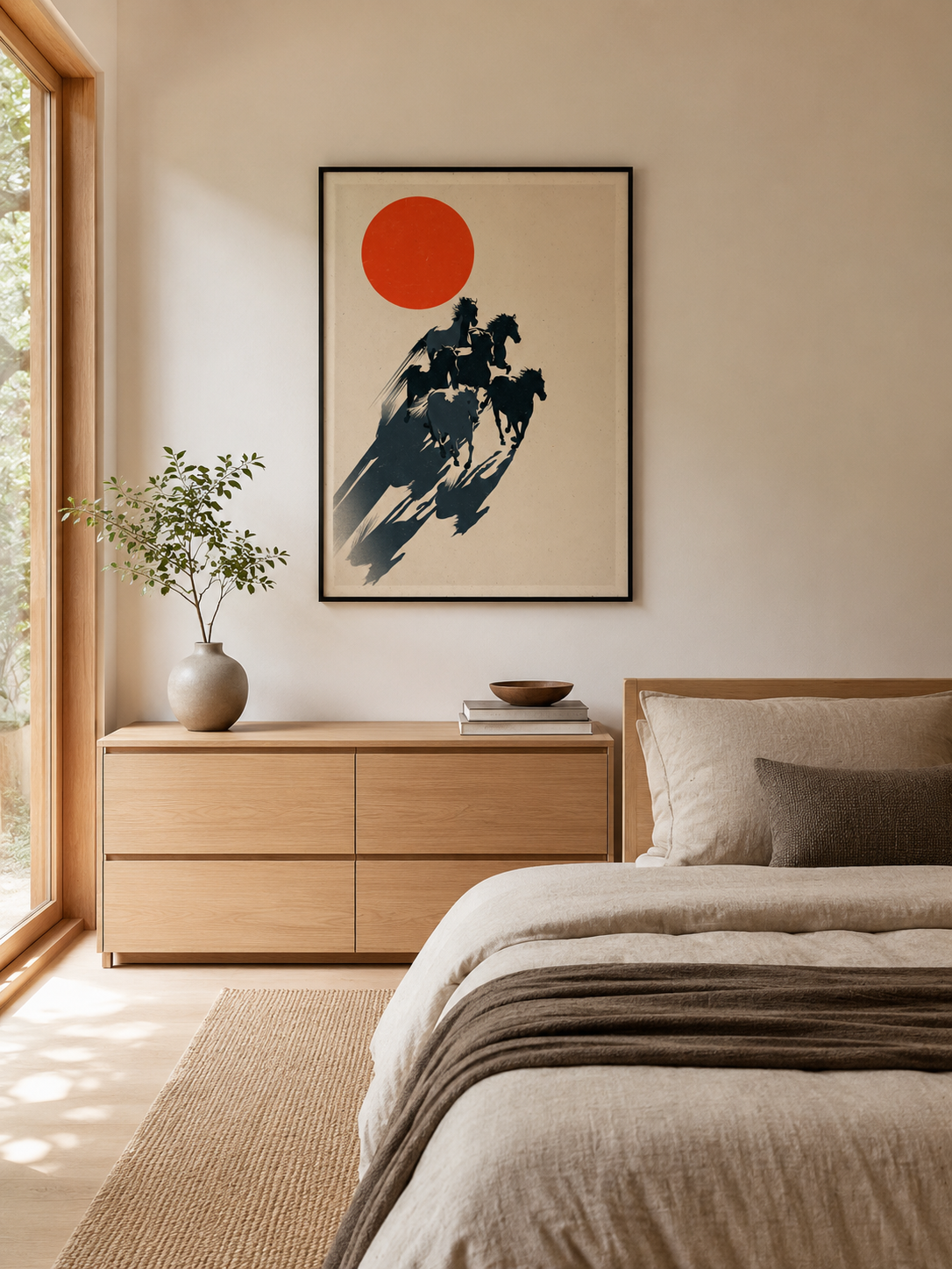 Expressive Horse Art Print - Wall Art Decor - lifestyle shot - red sun horse poster, galloping horse art