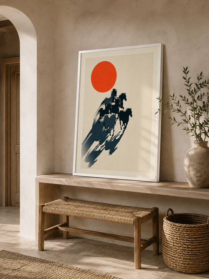 Expressive Horse Art Print - Wall Art Decor - alternate angle - red sun horse poster, galloping horse art