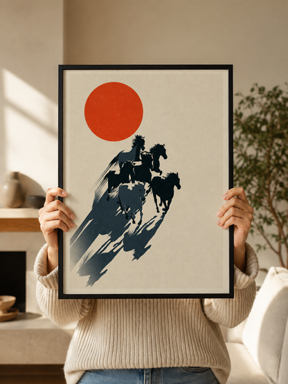 Expressive Horse Art Print - Wall Art Decor - front view - red sun horse poster, galloping horse art