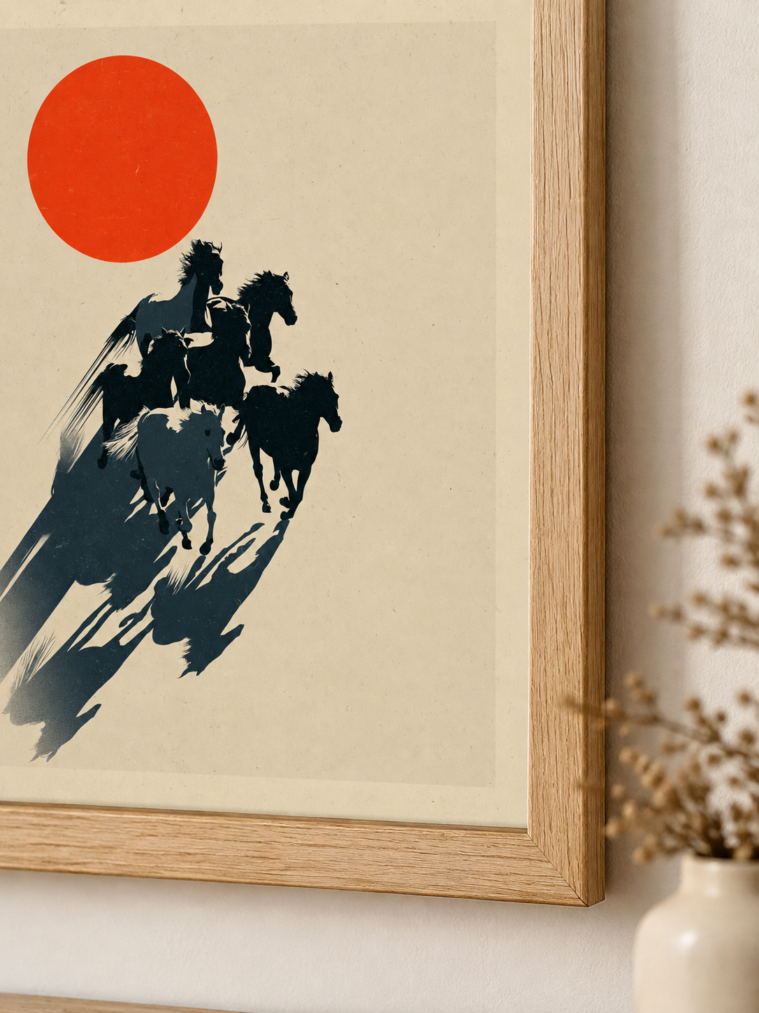 Expressive Horse Art Print - Wall Art Decor - lifestyle shot - red sun horse poster, galloping horse art