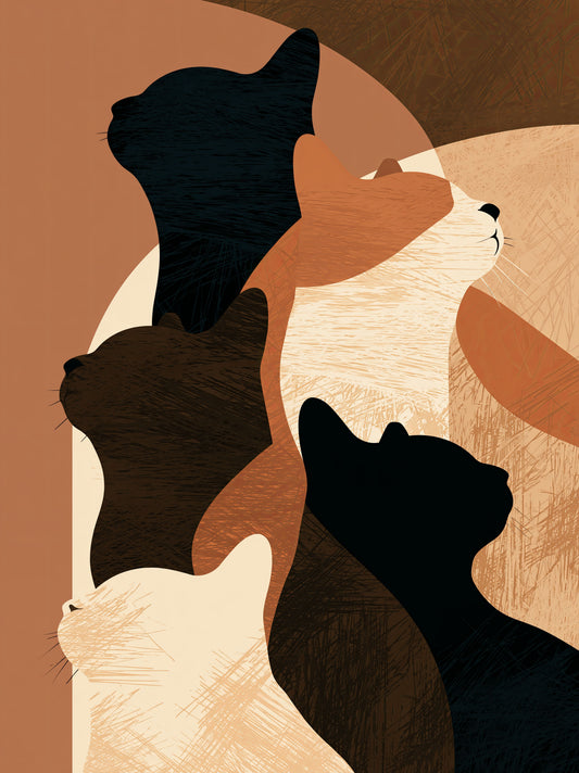 Feline Silhouettes Wall Art - Wall Art Decor - front view - neutral cat art print, geometric cat decor