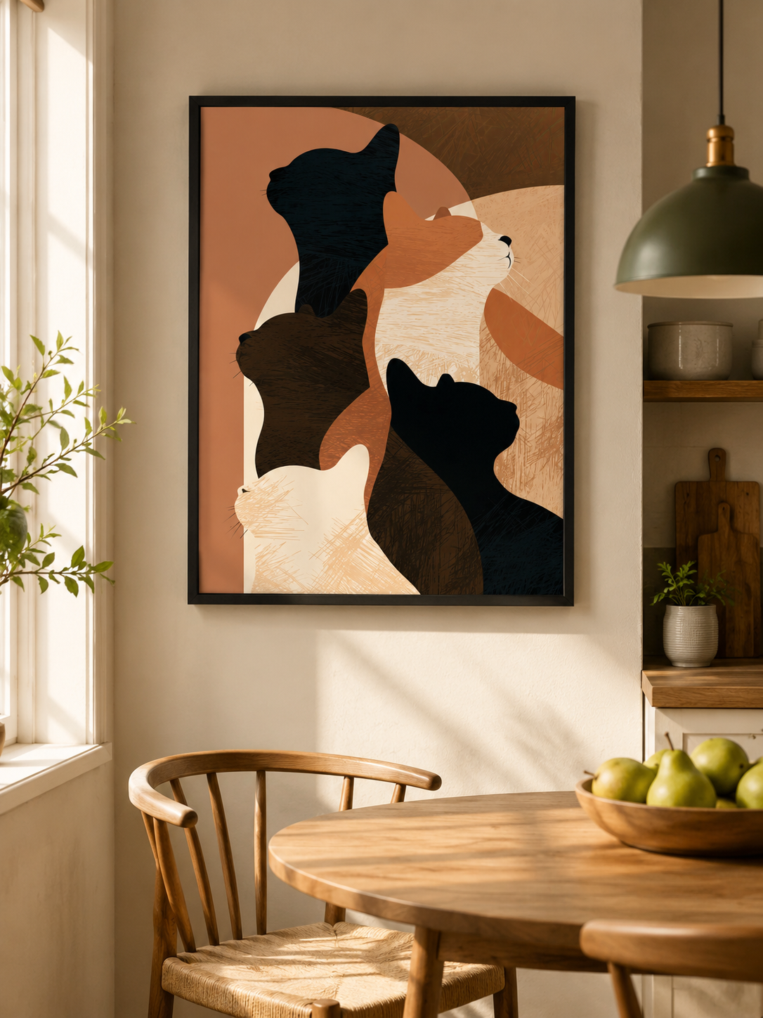Feline Silhouettes Wall Art - Wall Art Decor - close-up - neutral cat art print, geometric cat decor