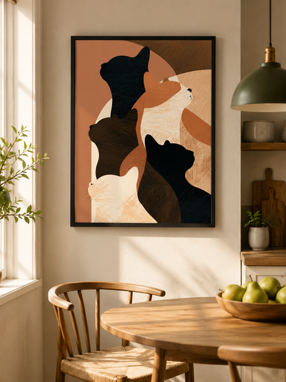 Feline Silhouettes Wall Art - Wall Art Decor - close-up - neutral cat art print, geometric cat decor