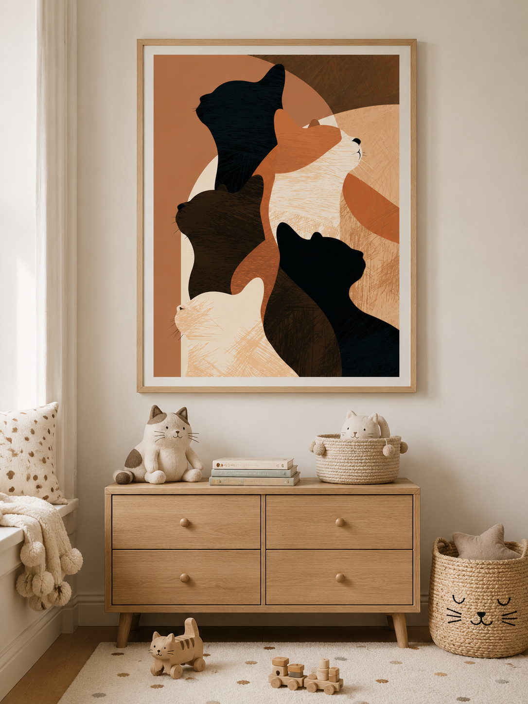 Feline Silhouettes Wall Art - Wall Art Decor - alternate angle - neutral cat art print, geometric cat decor