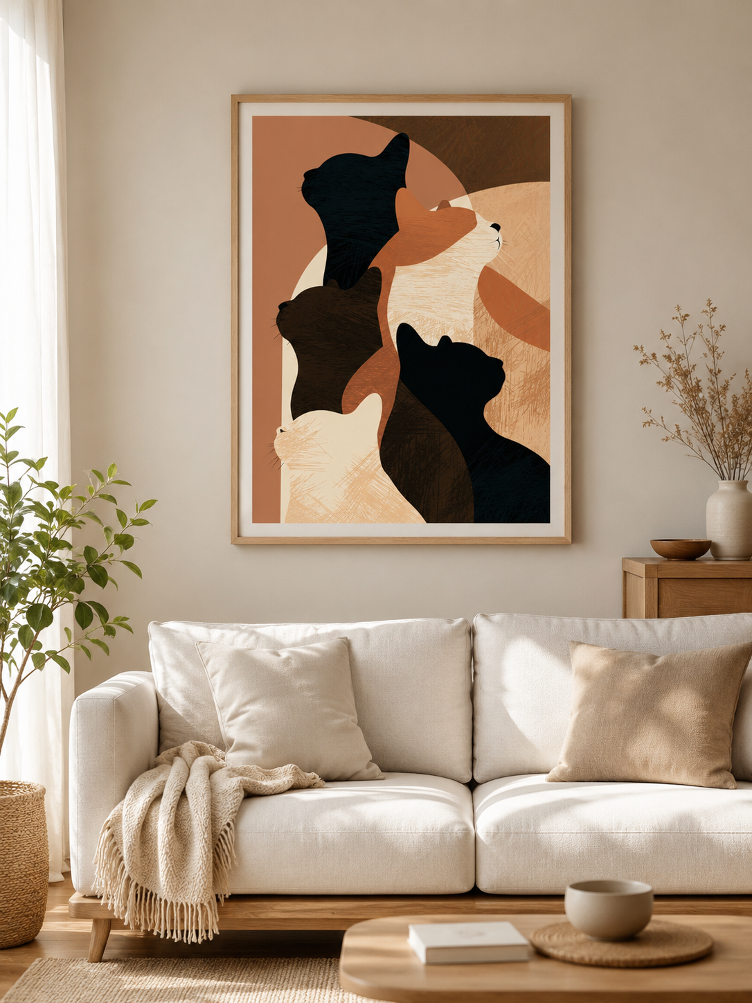 Feline Silhouettes Wall Art - Wall Art Decor - detail view - neutral cat art print, geometric cat decor