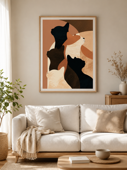 Feline Silhouettes Wall Art - Wall Art Decor - detail view - neutral cat art print, geometric cat decor