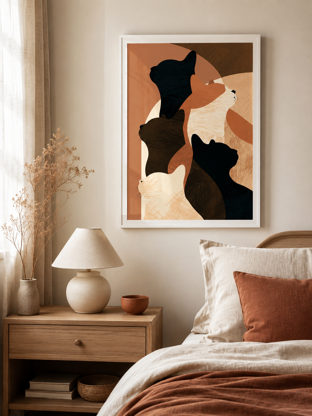 Feline Silhouettes Wall Art - Wall Art Decor - lifestyle shot - neutral cat art print, geometric cat decor