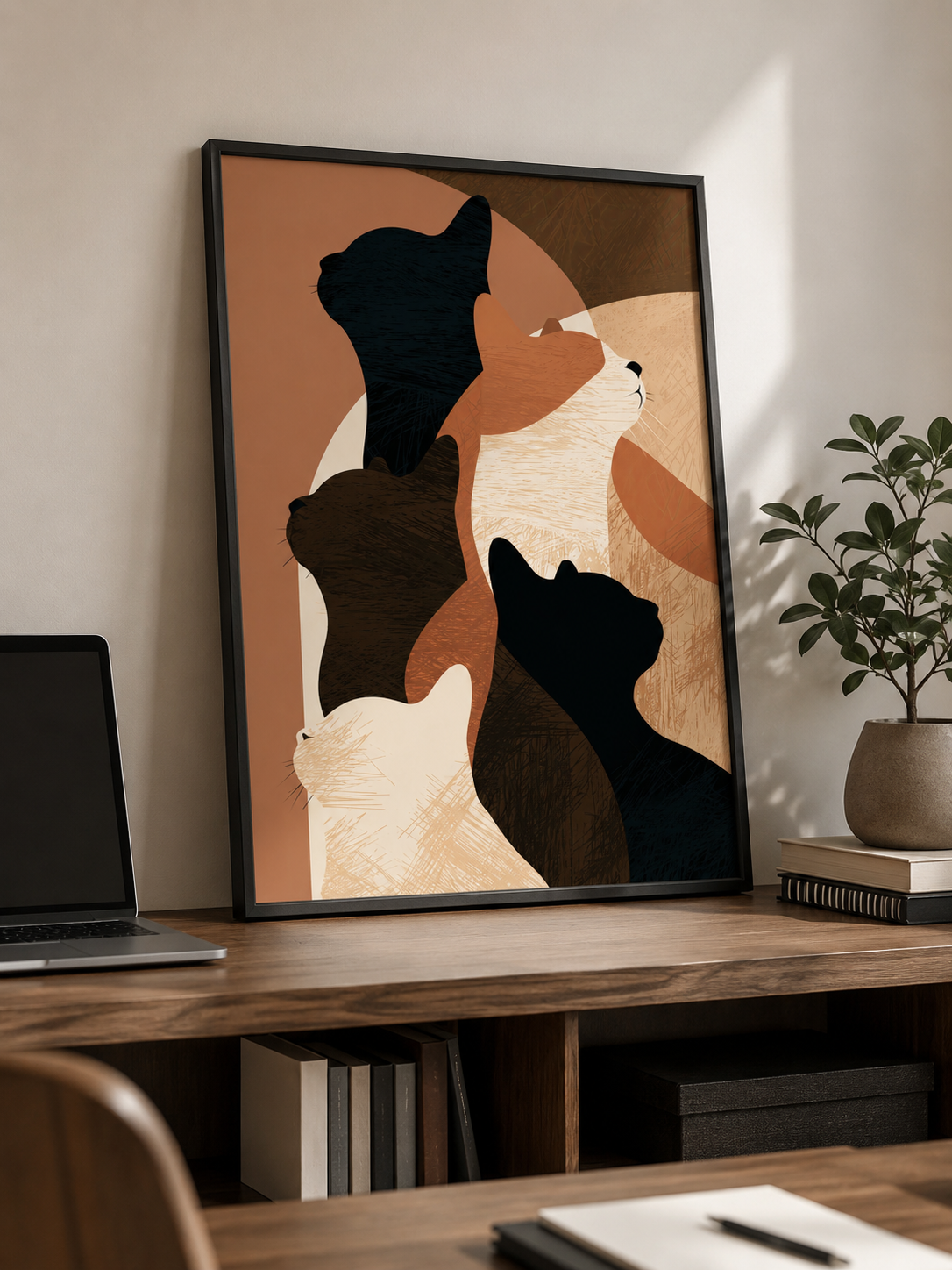 Feline Silhouettes Wall Art - Wall Art Decor - close-up - neutral cat art print, geometric cat decor