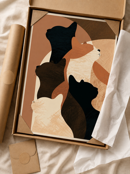 Feline Silhouettes Wall Art - Wall Art Decor - detail view - neutral cat art print, geometric cat decor