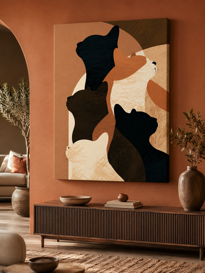 Feline Silhouettes Wall Art - Wall Art Decor - lifestyle shot - neutral cat art print, geometric cat decor