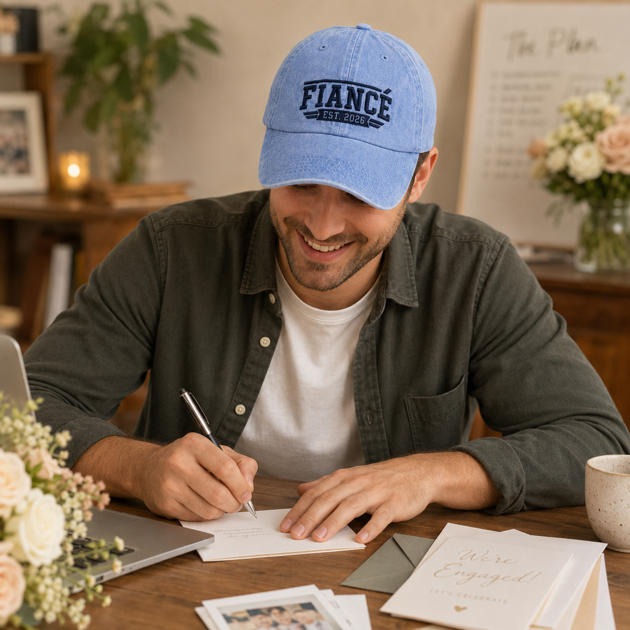 Man smiling while writing an engagement card, wearing a light blue washed baseball cap with embroidered dark navy Fiance Est 2026 text