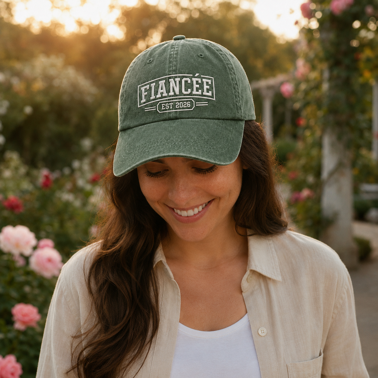 Woman in a rose garden wearing an army green washed baseball cap with white embroidered fiancee text