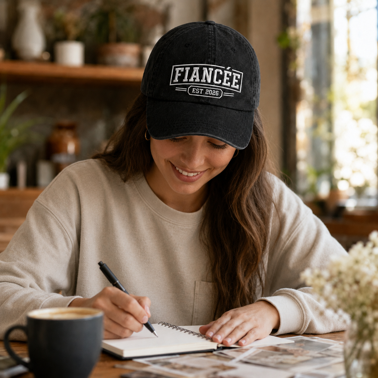 Woman writing in a notebook while wearing a black washed baseball cap with white embroidered fiancee design
