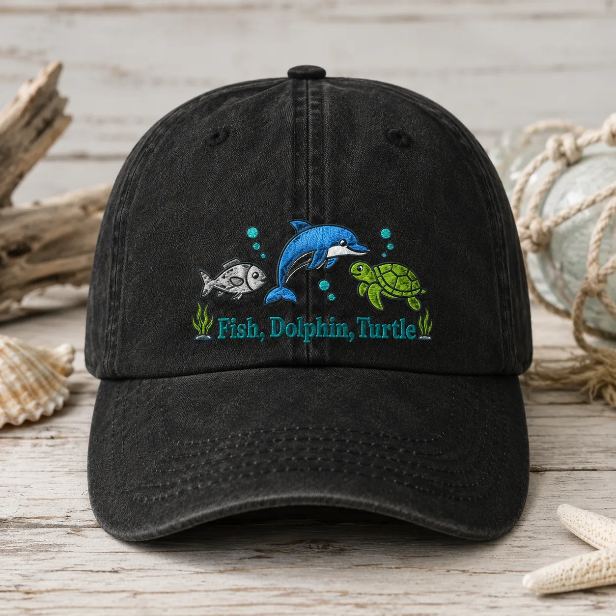 Fish Dolphin Turtle Washed Cap - washed cap - front view