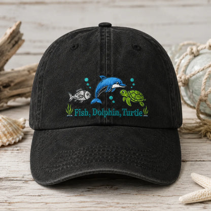 Fish Dolphin Turtle Washed Cap - washed cap - front view