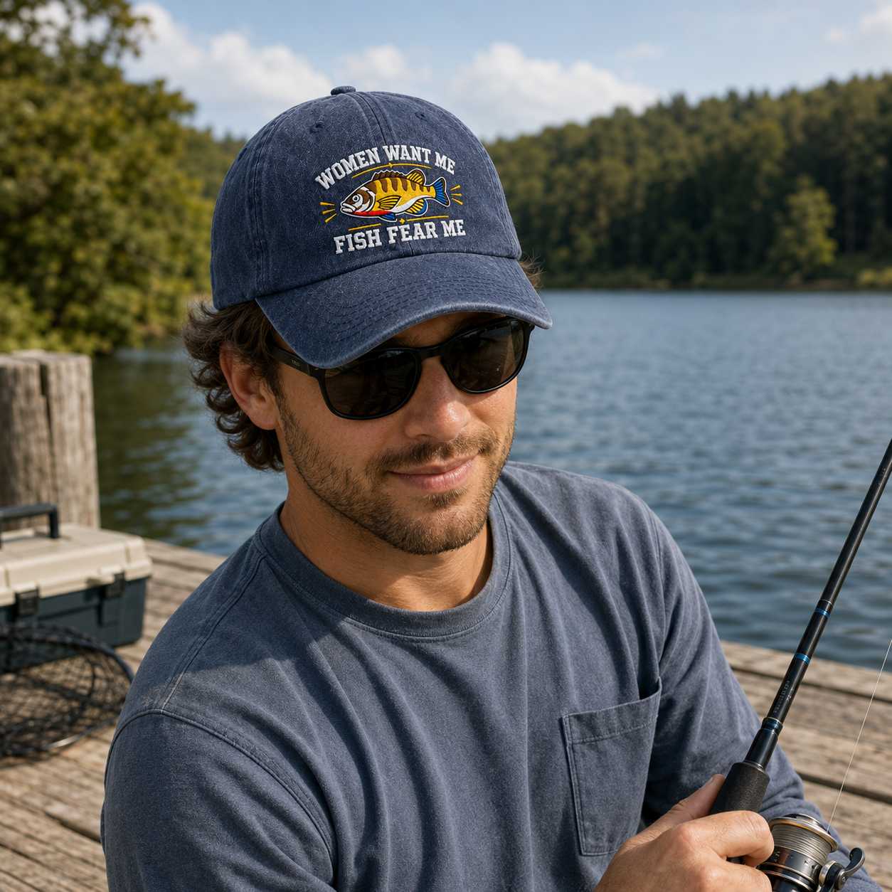Fish Fear Me Embroidered Washed Cap - Washed Cap - side view