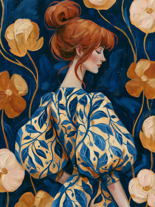 Floral Portrait Wall Art - Wall Art Decor - front view - navy floral art print, woman portrait poster