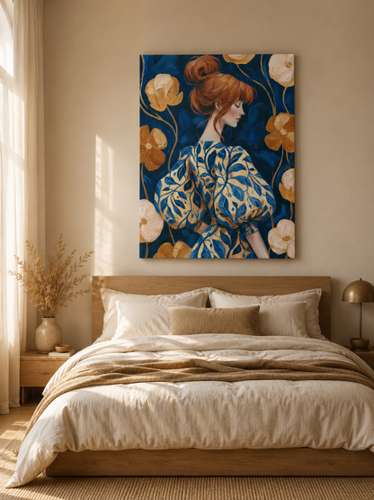 Floral Portrait Wall Art - Wall Art Decor - detail view - navy floral art print, woman portrait poster