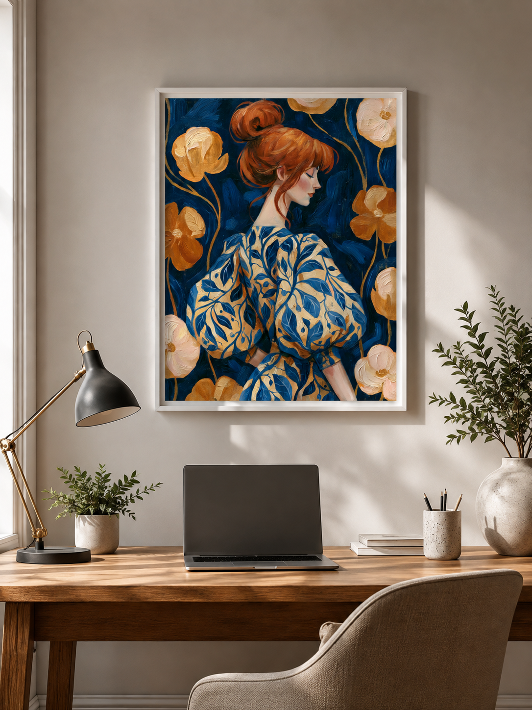 Floral Portrait Wall Art - Wall Art Decor - lifestyle shot - navy floral art print, woman portrait poster