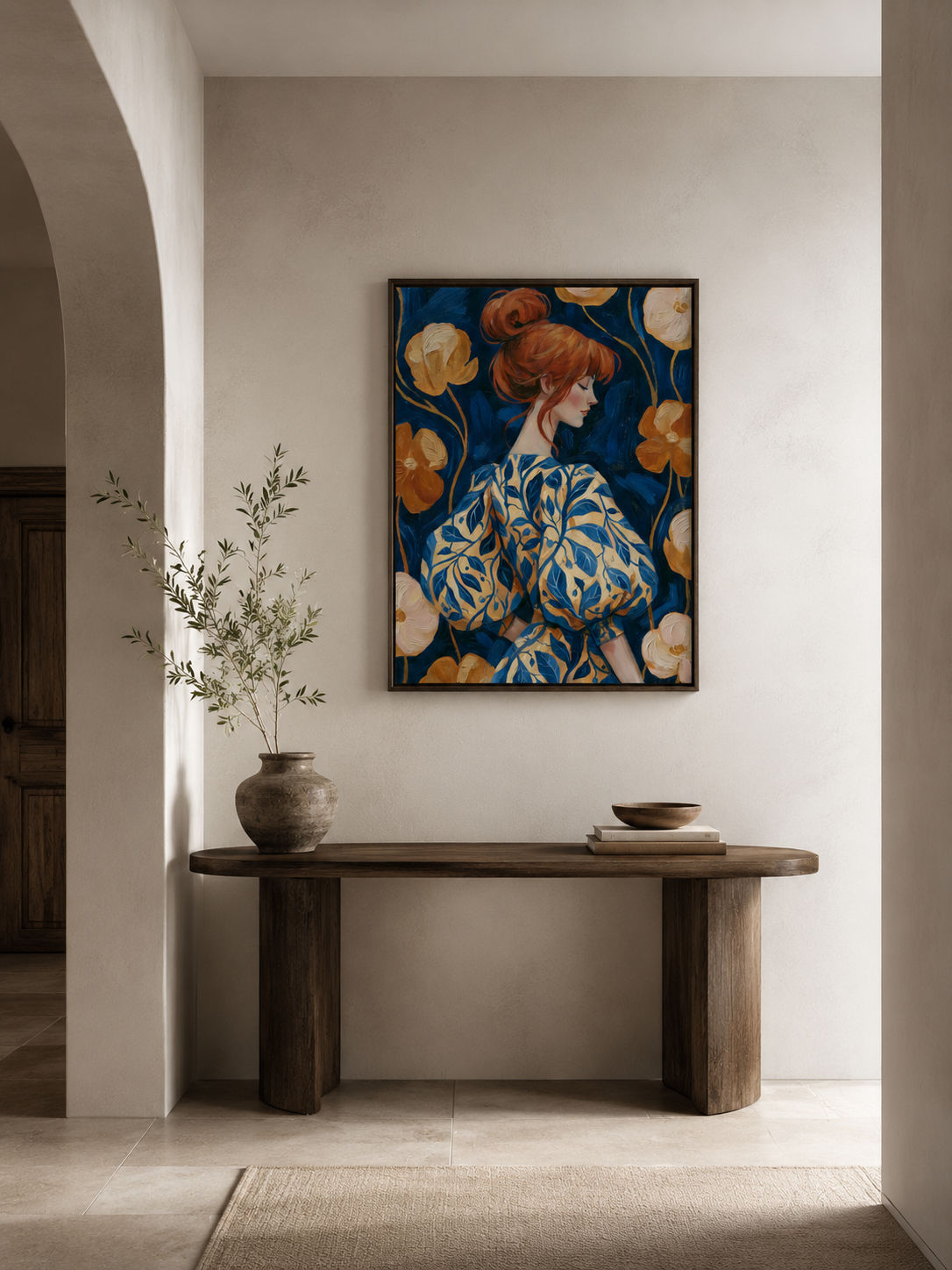 Floral Portrait Wall Art - Wall Art Decor - close-up - navy floral art print, woman portrait poster